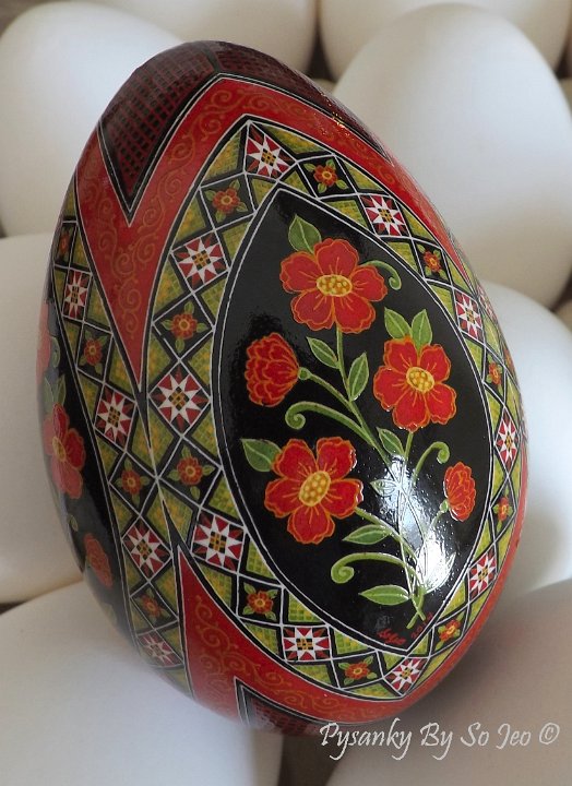 Scarlet Posies Pysanka Pysanky Ukrainian Easter Egg Batik Art by So Jeo
